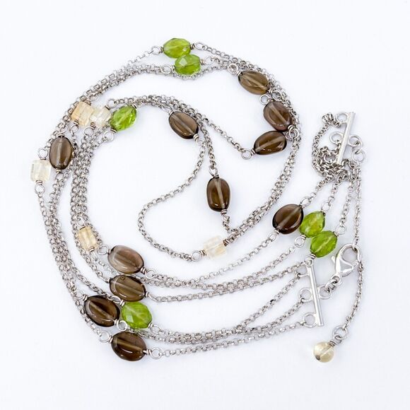 Vintage Sterling Silver Peridot Smoky Quartz Citrine Layered Necklace 17"-19" - Picture 3 of 4